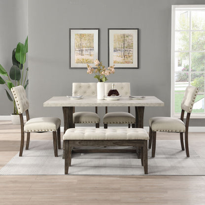 6 Person Dining Table Set, Kitchen Table Set For 6 People, 4 Chairs With Backrest, 2 Person Tufted Seat Bench - Gray