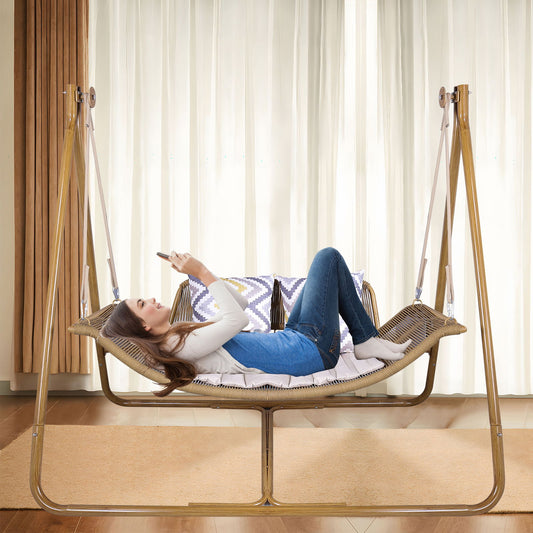 Hammock Swing Chair With Stand For Indoor, Outdoor, Anti-Rust Wood-Colored Frame With Cushion Oversized Double Hammock Chair For Patio Balcony Bedroom Ban On Amazon - Gold / Brown Home Essentials