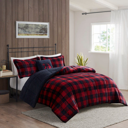 Alton - Full Down Alternative Comforter Set - Red / Black Buffalo Check Woolrich