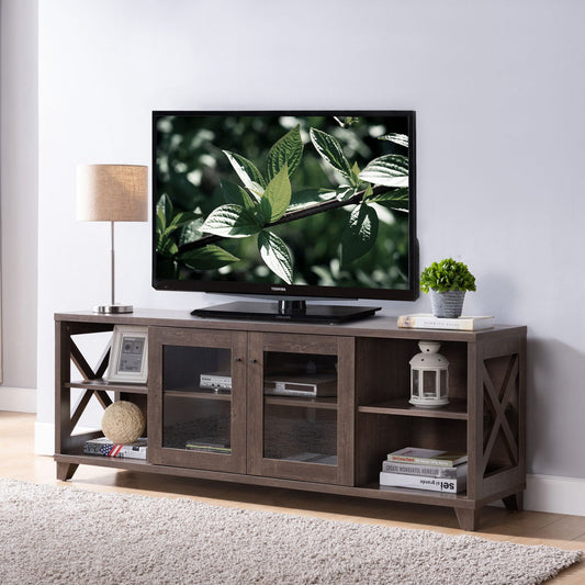 Home TV Stand With Four Side Shelves And Transparent Center Storage Cabinet - Walnut Oak