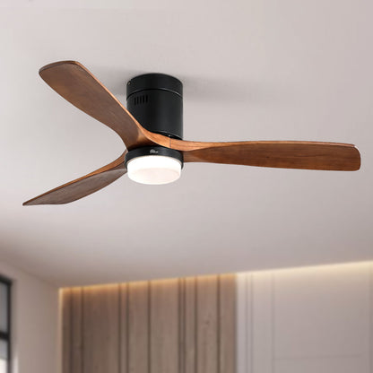 Wooden Ceiling Fan With 18W Led Light 3 Solid Wood Blades Remote Control Reversible Dc Motor For Home