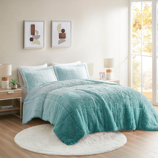 Brielle - King Ombre Shaggy Long Comforter Mini Set - Blue Intelligent Design