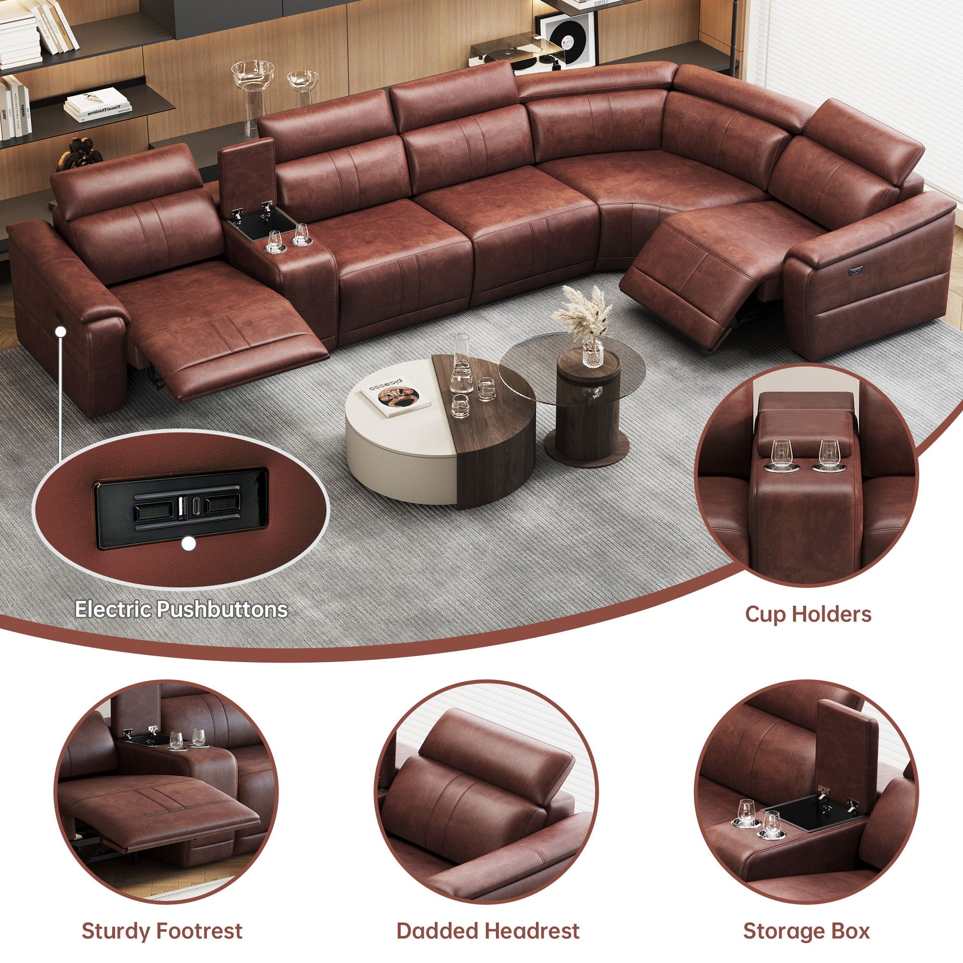 6 Piece Modular Sectional Sofa With 2 Cup Holders, Adjustable Recliners - Dark Brown Home Essentials