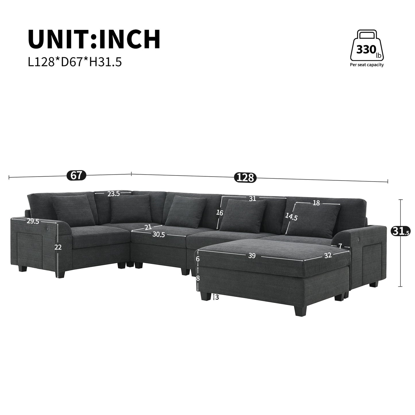 U Shaped Sectional Sofa 6 Seat Couch Set With Oversized Ottoman, Hidden Armrest Storage And Cup Holders USB Charging Ports Wide Seat Sofa Luxe & Co.