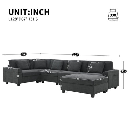 U Shaped Sectional Sofa 6 Seat Couch Set With Oversized Ottoman, Hidden Armrest Storage And Cup Holders USB Charging Ports Wide Seat Sofa Luxe & Co.