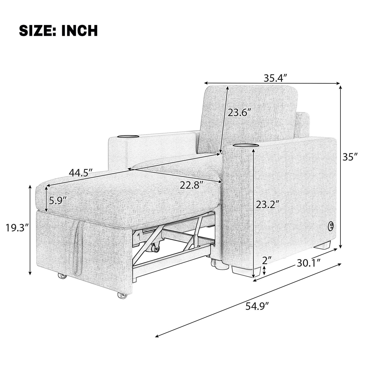 Single Pull Out Sofa Bed With USB Ports And Cup Holders Hearth and Haven