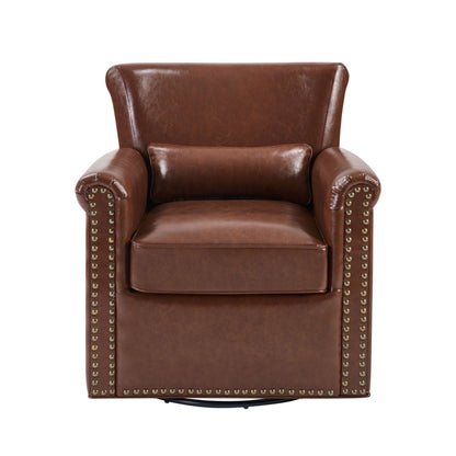 Swivel Accent Chair With Rolled Arm, Sewn Pillow Back, Nailhead Trim For Living Room Noble House