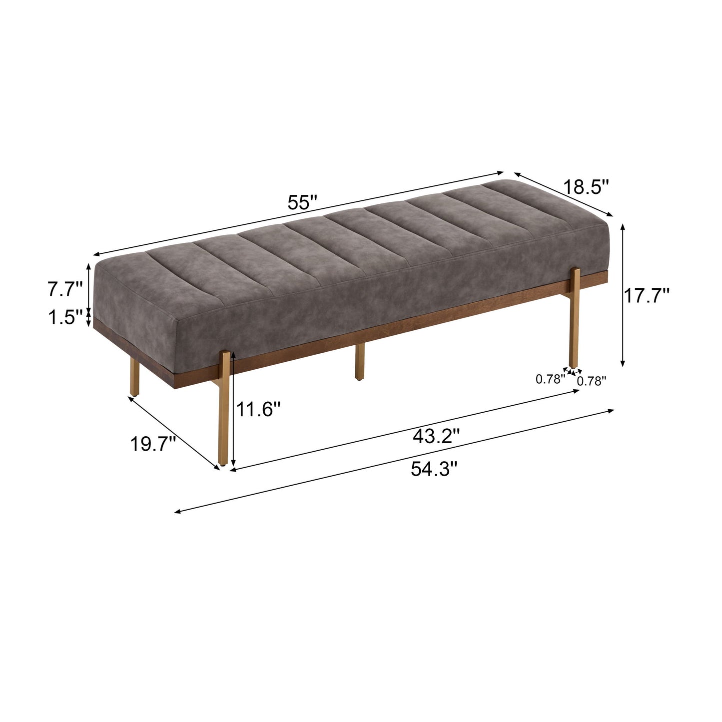 Thorian - Luxury Upholstered Ottoman Bench With Channel Tufting And Metal Base - Gold / Gray Noble House