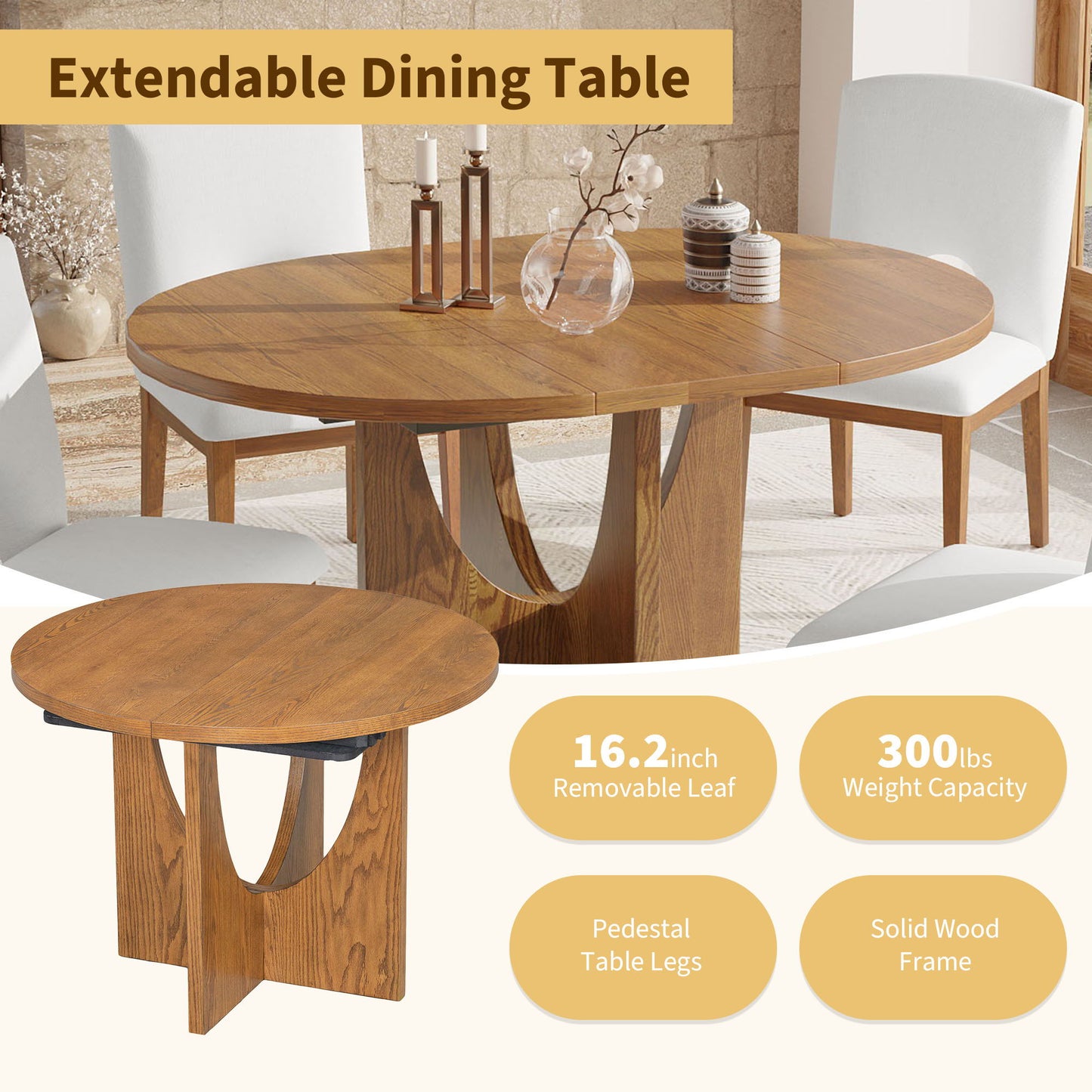 Topmax - 5 Piece Modern Extendable Round Dining Table Set With Removable Leaf For Small Places