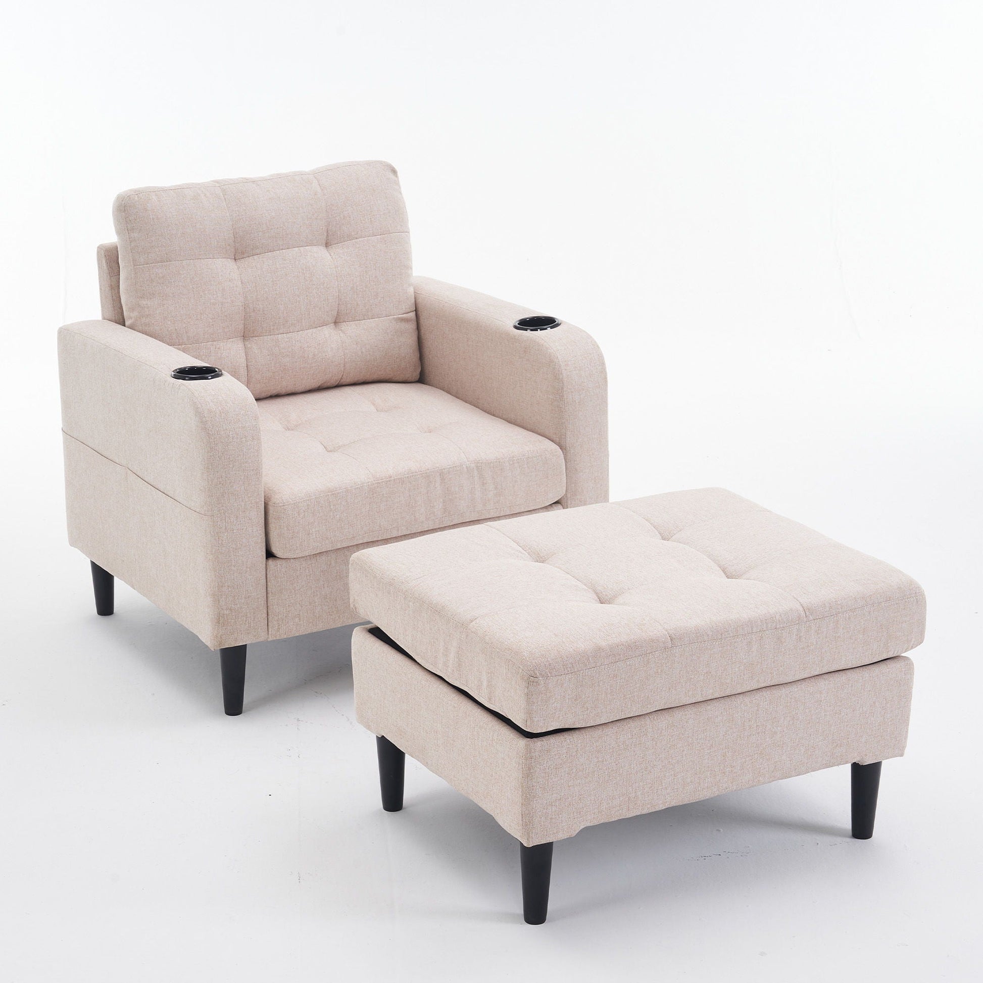 Upholstered Armchair And Storage Ottoman Set, Comfortable Single Sofa With Cup Holders And Tufted Detailing, Ideal For Living Room Or Bedroom Home Essentials