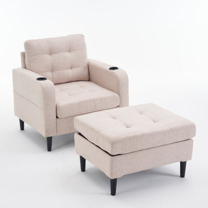 Upholstered Armchair And Storage Ottoman Set, Comfortable Single Sofa With Cup Holders And Tufted Detailing, Ideal For Living Room Or Bedroom Home Essentials