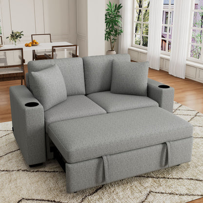 Modern 2 Seater Loveseat Sofa With Pull-Out Bed, Fabric, Built-In USB Ports & Cup Holders Hearth and Haven