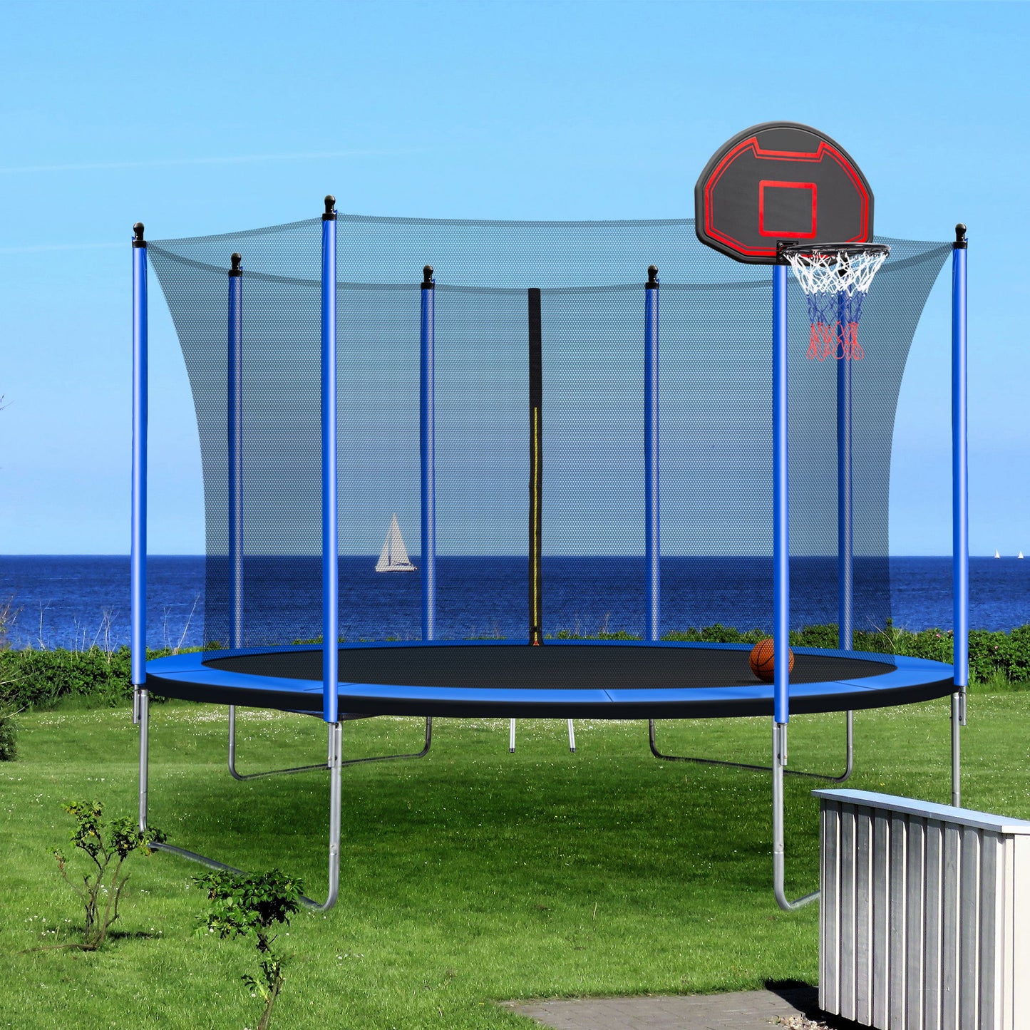 10Ft Trampoline With Basketball Hoop Inflator And Ladder (Inner Safety Enclosure) - Blue Daily Nest