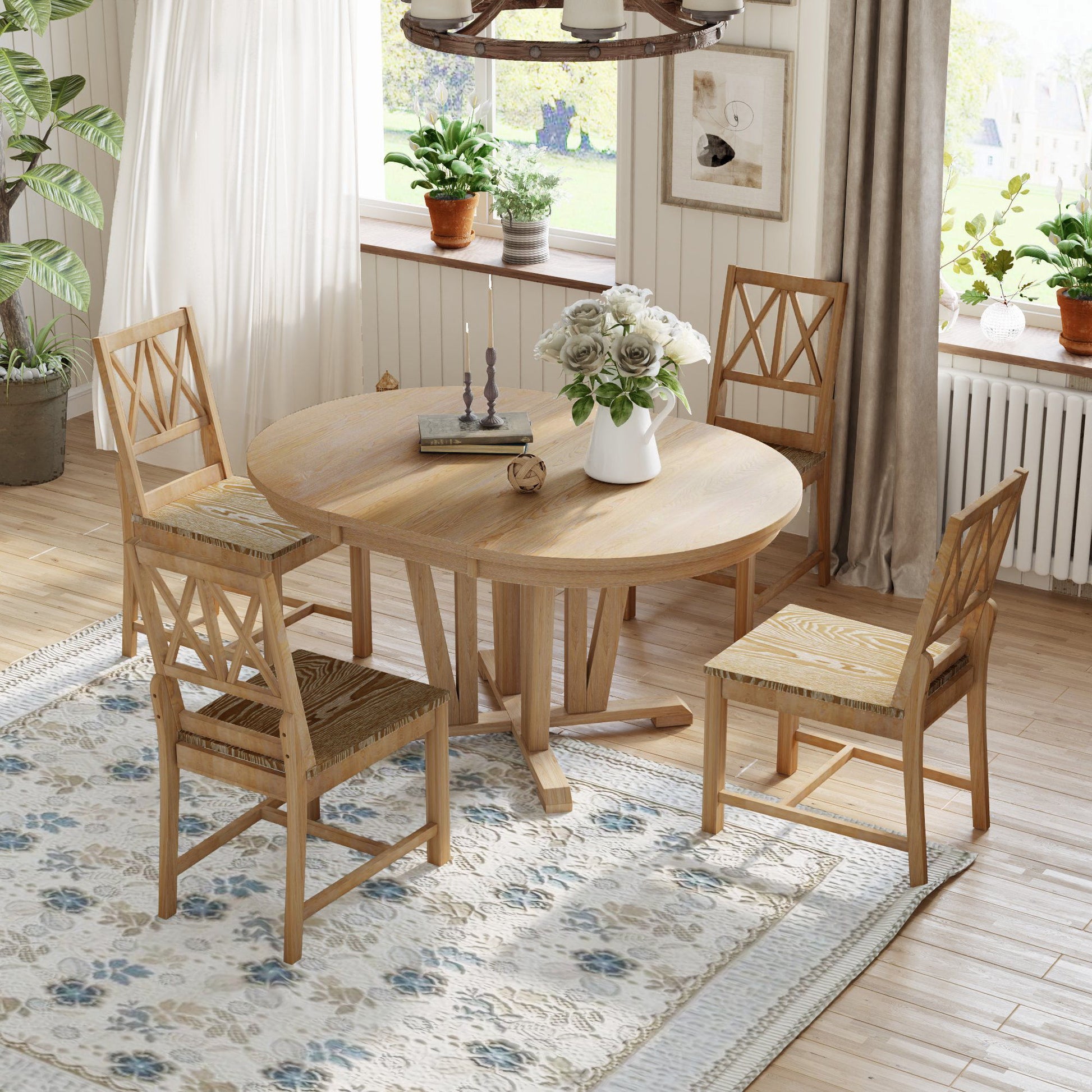 Topmax - 5 Piece Rustic Extendable Dining Table Set Round Trestle Table And 4 Cross Back Dining Chairs For Kitchen, Dining Room Hearth and Haven