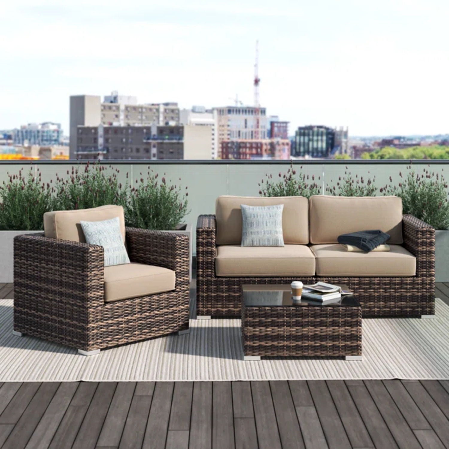 Modern Style Hdpe Wicker Seating Group With Cushions For 3 People In Brown Finish LSI Patio Furniture