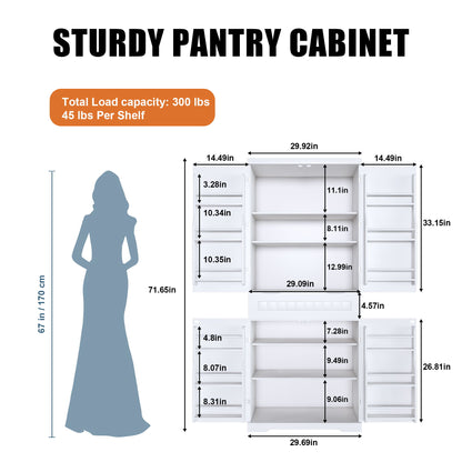 Farmhouse Style Pantry Cabinet With Drawer 2 Cabinets & 6 Door Shelves Adjustable Shelves Freestanding Cupboard - White Home Essentials