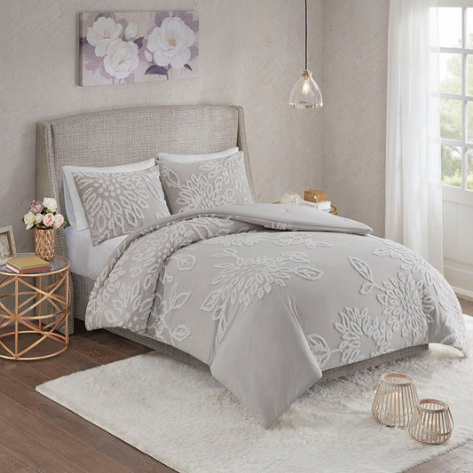 Veronica - 3 Piece Tufted Floral Comforter Set - Gray / White