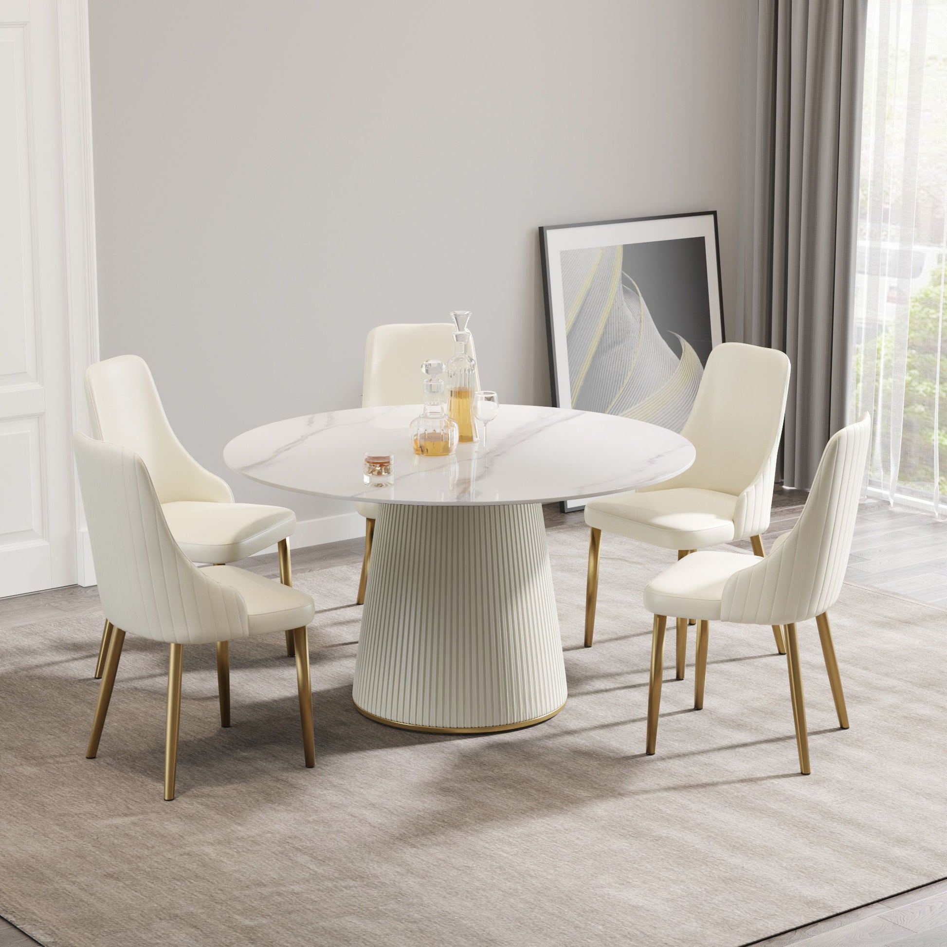 Modern Artificial Stone Round Plywood Base Dining Table, Can Accommodate 6 People, (Not Including Chairs) - White / Beige Home Essentials