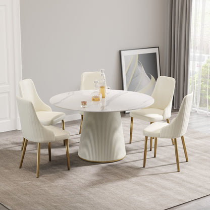 Modern Artificial Stone Round Plywood Base Dining Table, Can Accommodate 6 People, (Not Including Chairs) - White / Beige Home Essentials