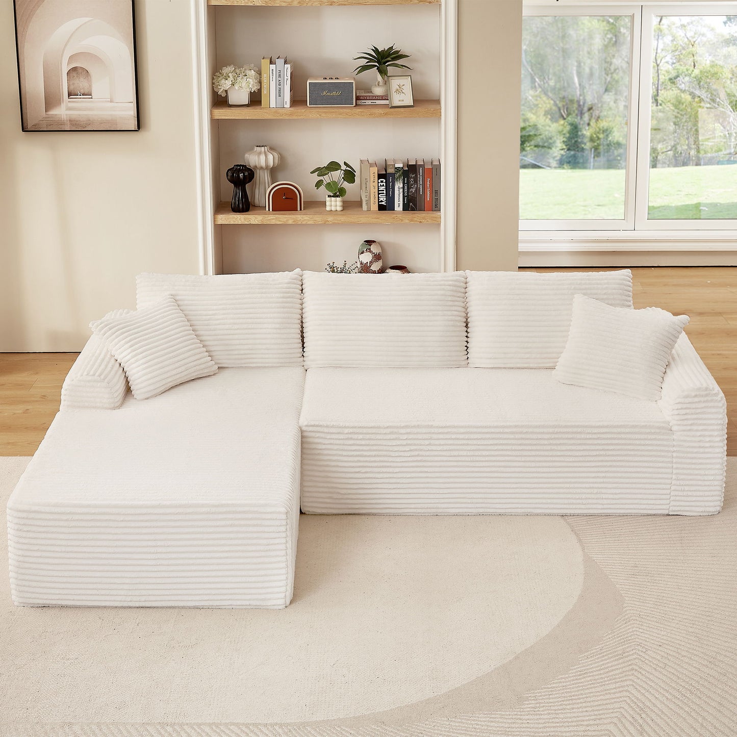 Modular Sectional With Arched Armrests, Includes 3 Back Cushions & 2 Throw Pillows