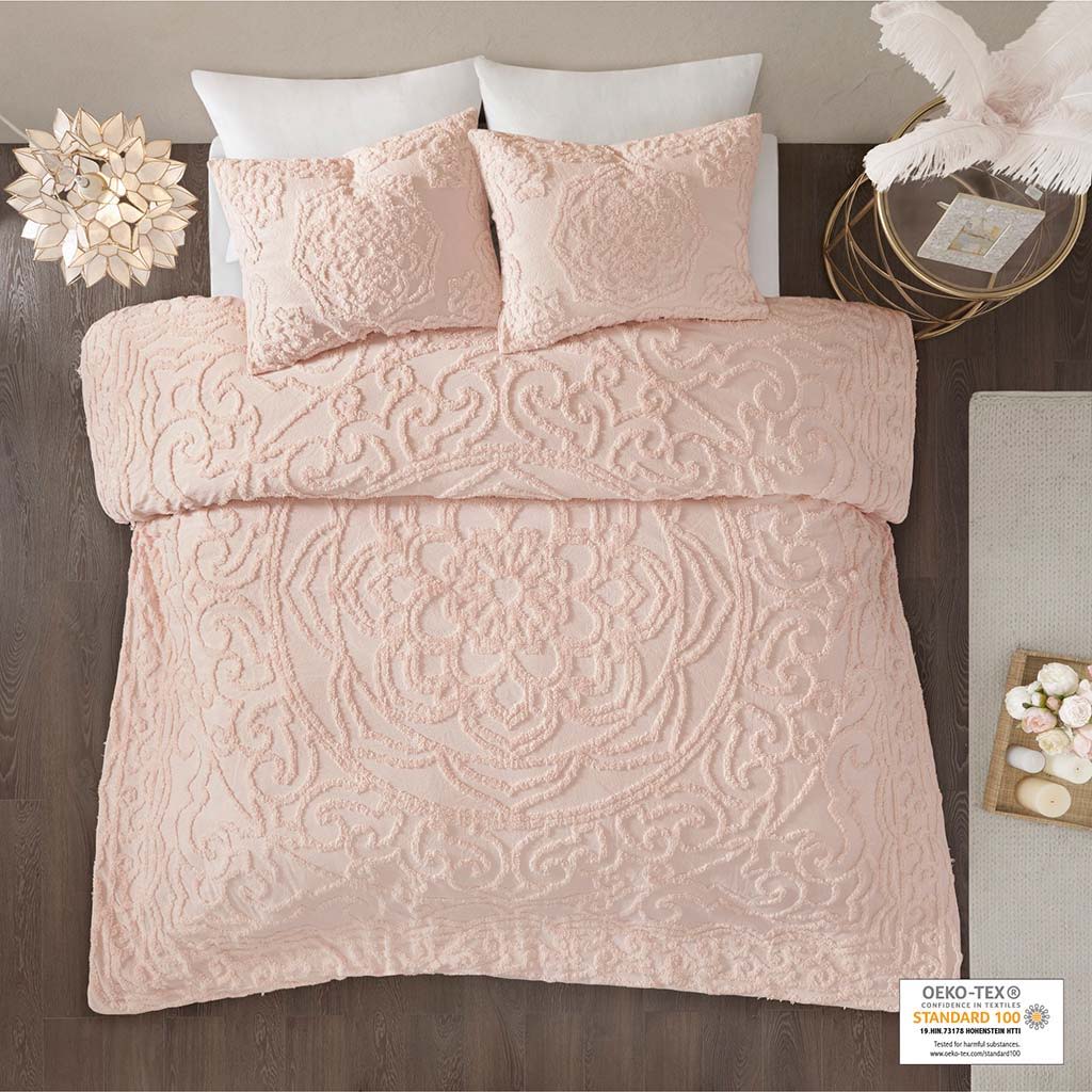 Laetitia - 3-Piece Tufted Medallion Duvet Cover Set - Blush