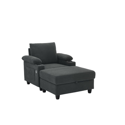 Accent Chair With Storage Ottoman, Reclining Single Chaise Lounge With Cupholders And USB, C Ports Home Essentials
