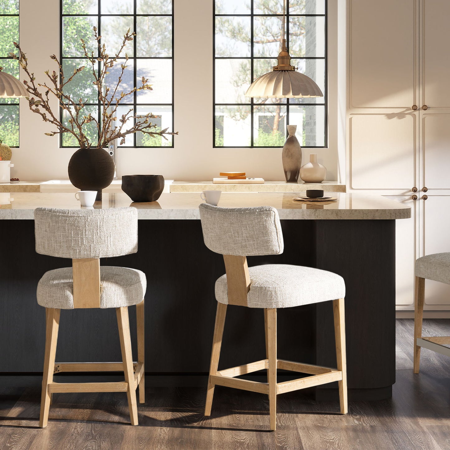 Penny - Round Arched Upholstered Counter Stool (Set of 2) - Travertine Beige Jennifer Taylor Home