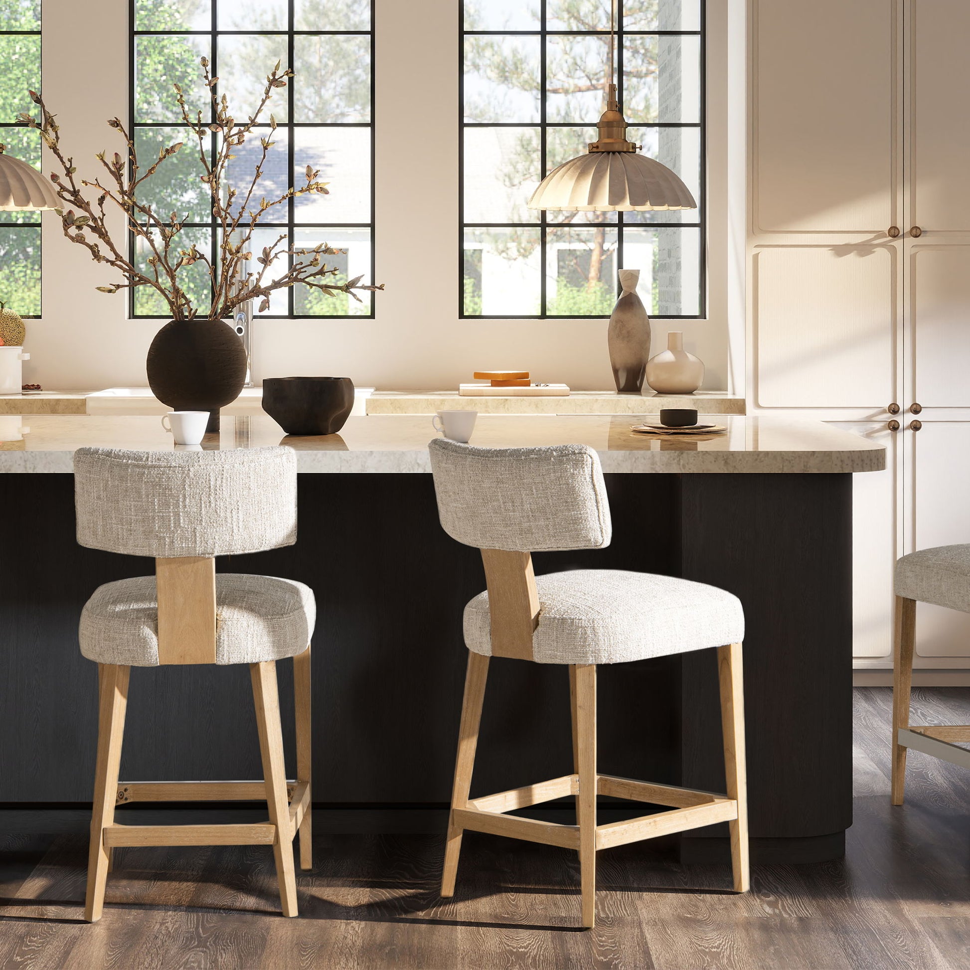 Penny - Round Arched Upholstered Counter Stool (Set of 2) - Travertine Beige Jennifer Taylor Home