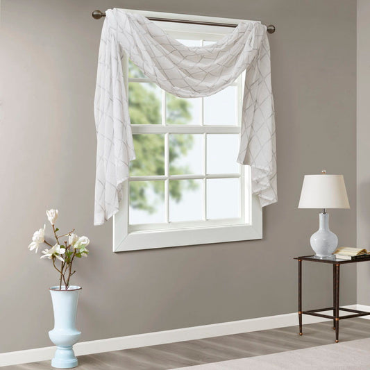 Irina - Diamond Sheer Embroidered Window Scarf - White / Gray Madison Park
