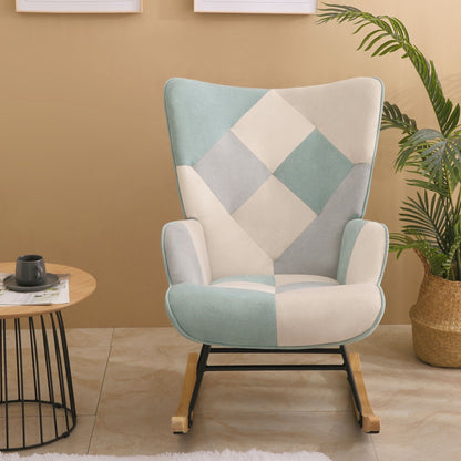 Accent Rocking Chair, Mid-Century Fabric Rocker Chair With Wood Legs And Patchwork Linen For Livingroom Bedroom