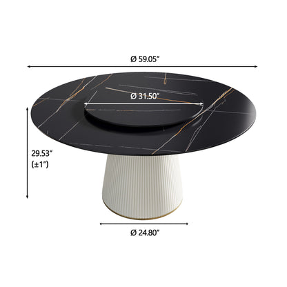Modern Artificial Stone Round Plywood Base Dining Table, Can Accommodate 8 People Artificial Stone Turntable (Not Including Chairs) - Black / Beige Home Essentials