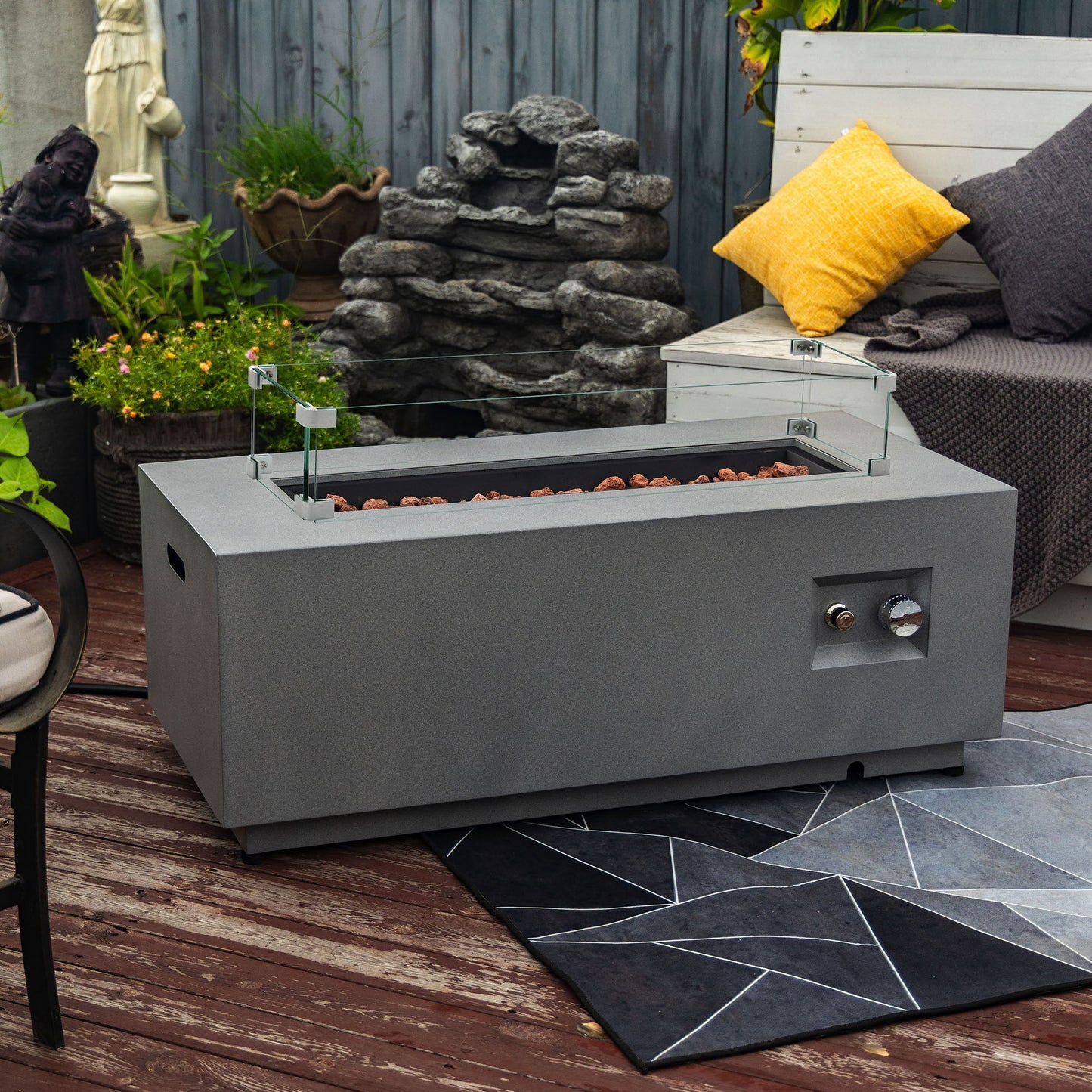 42" Propane Gas Fire Pit Table, 50000 Btu Rectangular Steel Fire Pit With Glass Wind Guard For Outside Patio Deck Garden Courtyard - Gray Home Essentials