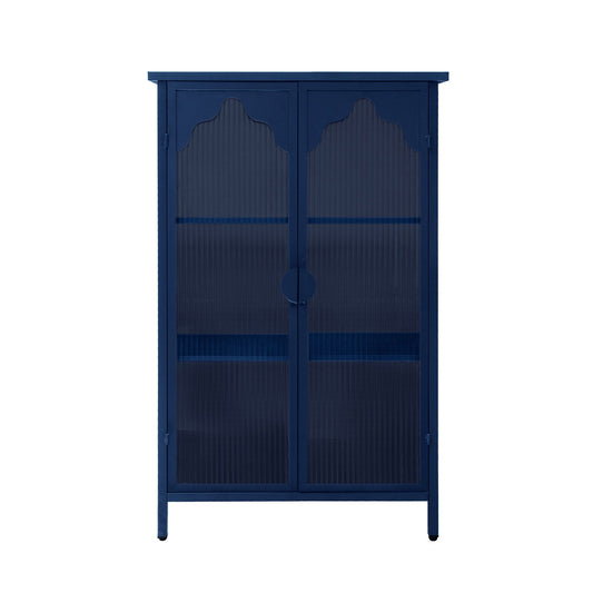 2 Doors Metal Storage Cabinet Display Cabinet With Glass Doors Metal Kitchen Sideboard Buffet Cabinet Glass Storage Cabinet For Dining Room Living Room Bedroom - Dark Blue Home Essentials