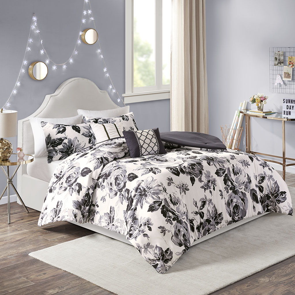 Dorsey - King Floral Print Comforter Set - Black / White