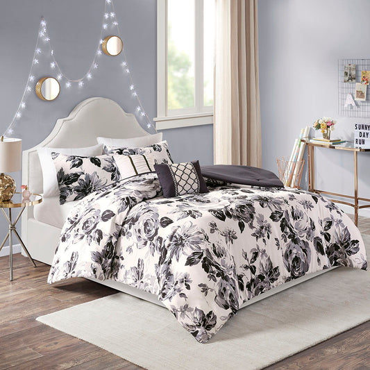 Dorsey - Twin Floral Print Comforter Set - Black / White