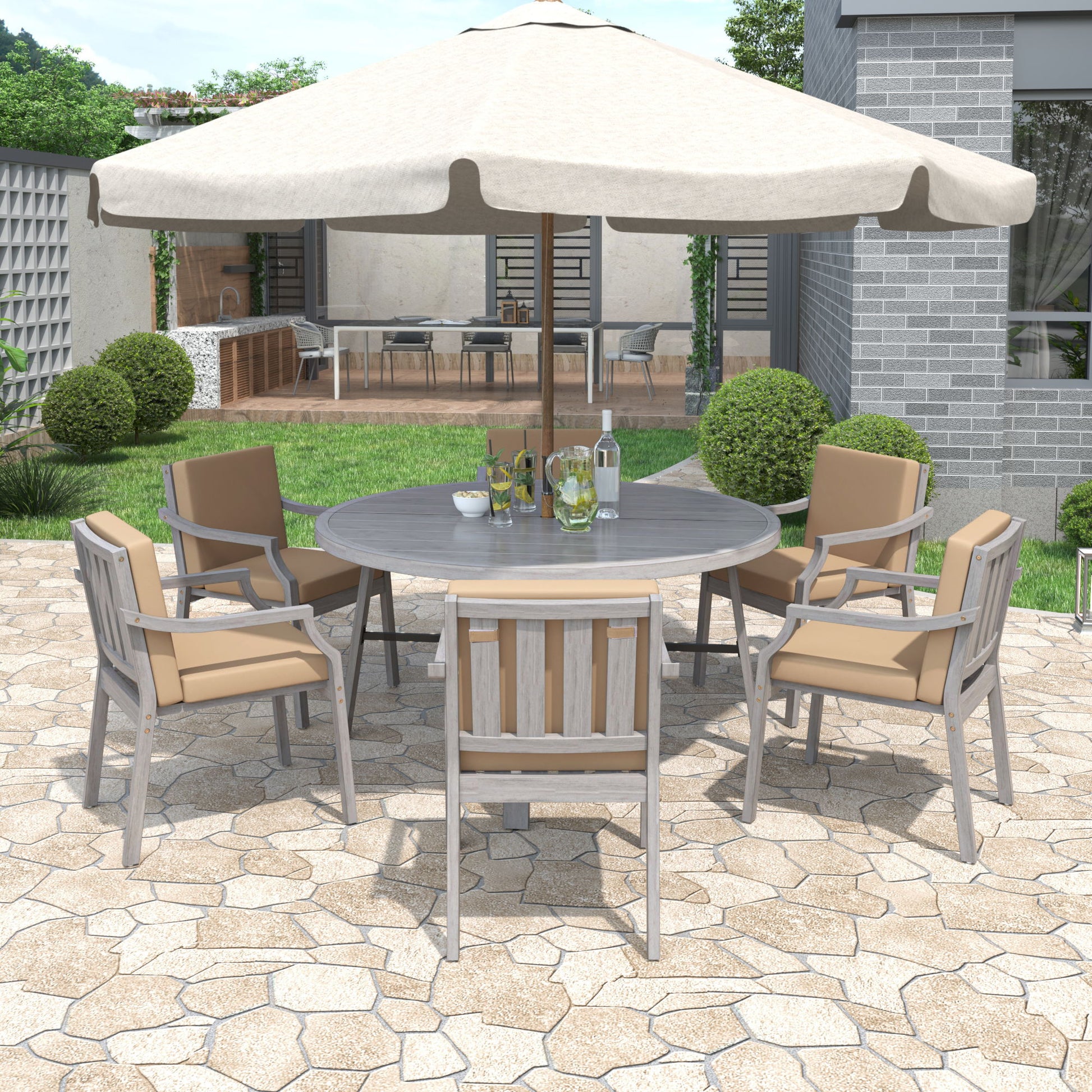 6 Person Outdoor Wooden Dining Set With Umbrella Hole And Removable Cushions For Patio - Gray Hearth and Haven
