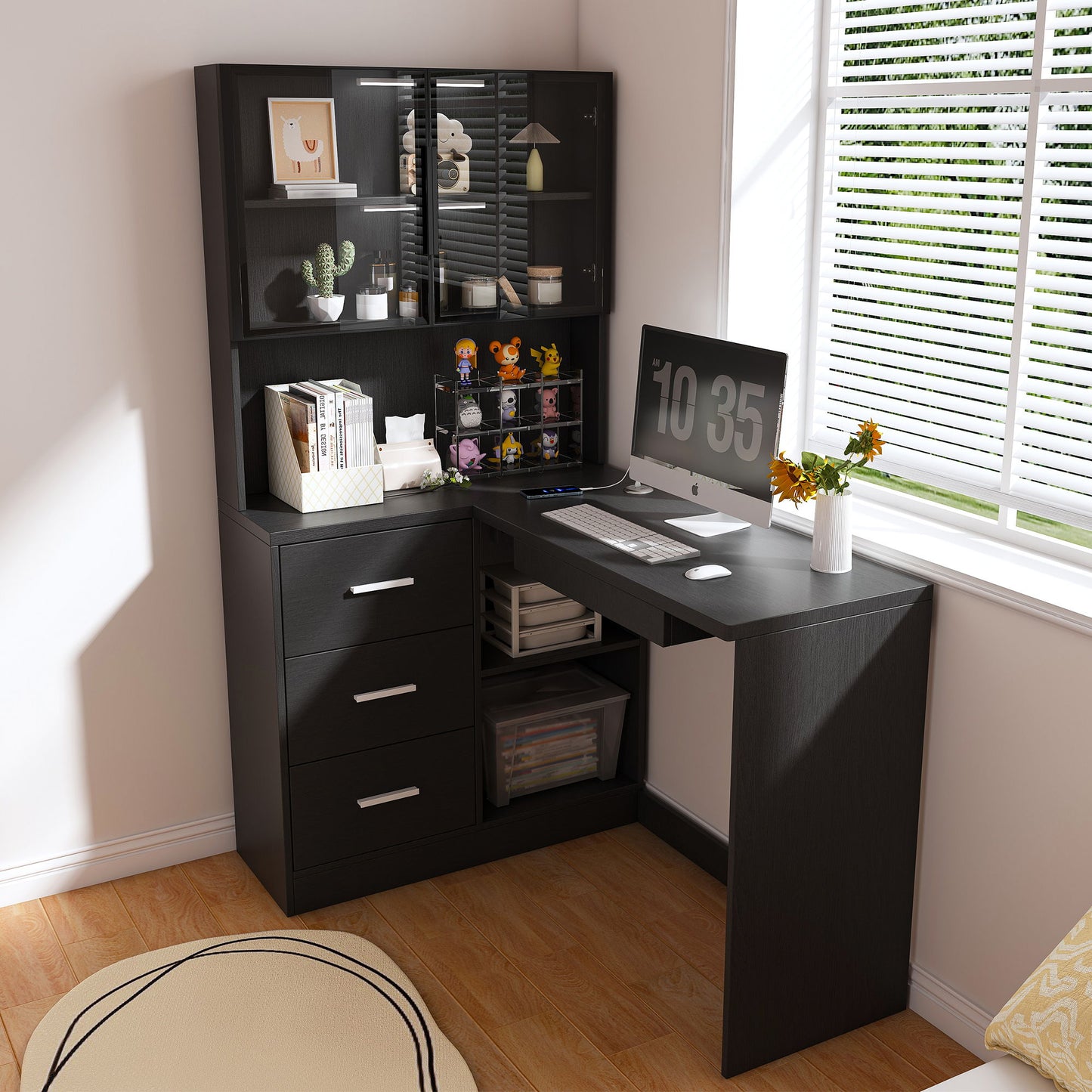L-Shaped Computer Desk With Glass Cabinets, Built In LED Lights, USB Charging Ports Home Essentials