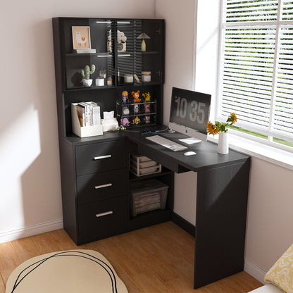 L-Shaped Computer Desk With Glass Cabinets, Built In LED Lights, USB Charging Ports Home Essentials