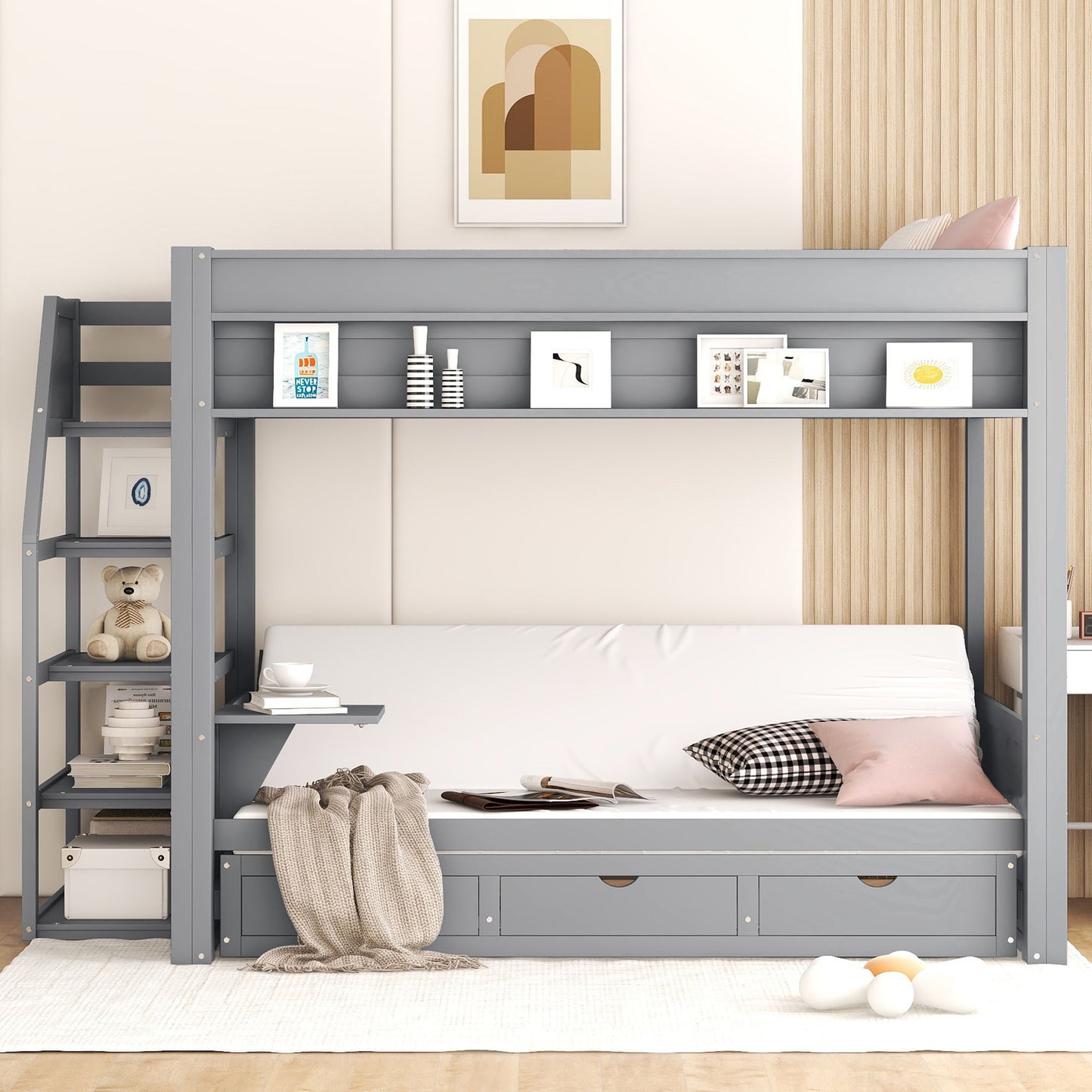 Wood Full Size Convertible Bunk Bed With Storage Staircase, Bedside Table, And 3 Drawers - Gray Hearth and Haven