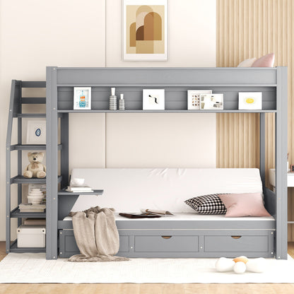 Wood Full Size Convertible Bunk Bed With Storage Staircase, Bedside Table, And 3 Drawers - Gray Hearth and Haven