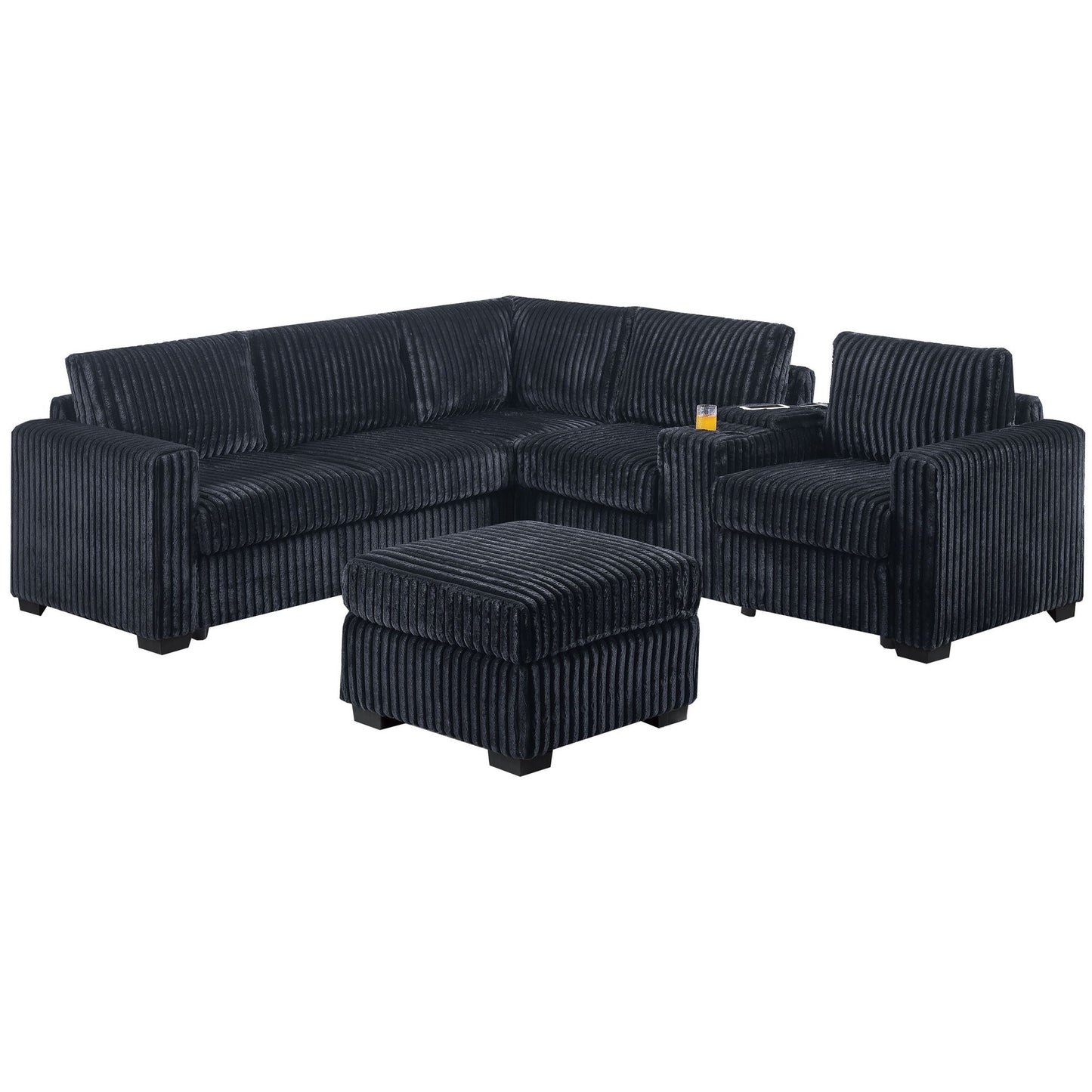 Contemporary L-Shaped Sectional Set With USB Console & Ottoman Home Essentials