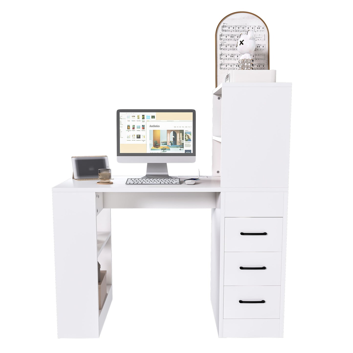 Modern Computer Desk With Built In Socket 3 Slide Drawers 4 Storage Levels - White Home Essentials