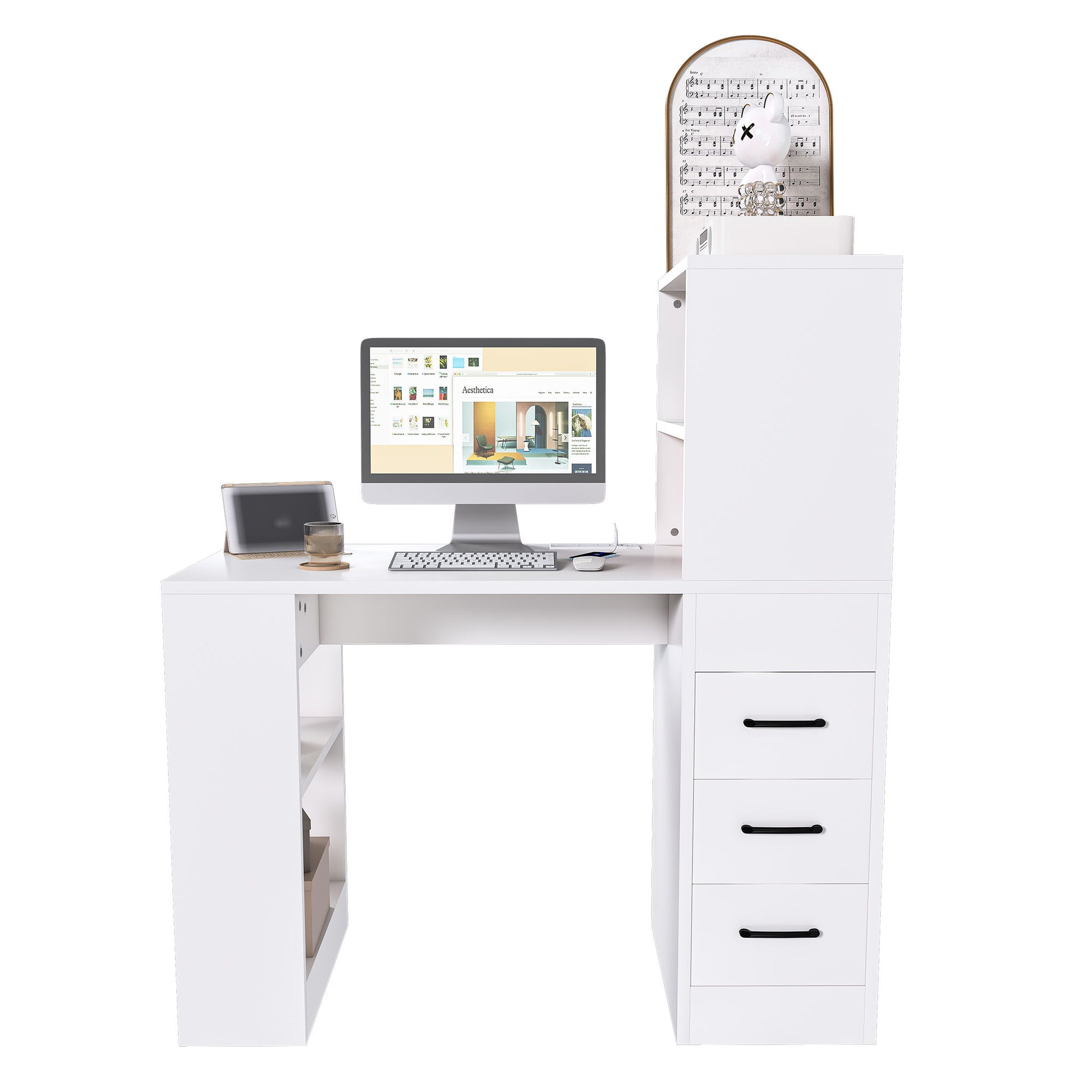 Modern Computer Desk With Built In Socket 3 Slide Drawers 4 Storage Levels - White Home Essentials