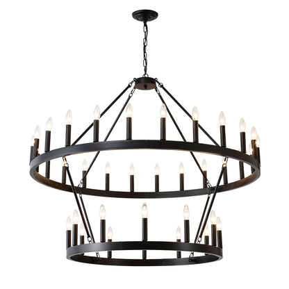 2 Tiers Wagon Wheel Chandelier Wooden Farmhouse 36 Light (24 / 12) Or (12 / 24) Metal Chandeliers 2 Story Light Fixtures Industrial For High Ceiling Living Dining Room Foyer, Adjustable Height - Black Daily Nest