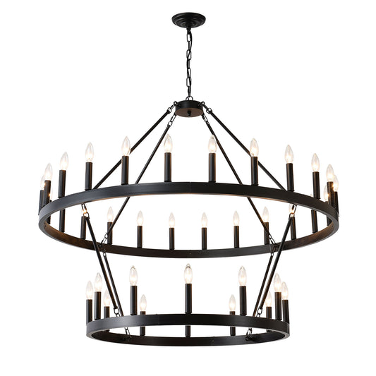 2 Tiers Wagon Wheel Chandelier Wooden Farmhouse 36 Light (24 / 12) Or (12 / 24) Metal Chandeliers 2 Story Light Fixtures Industrial For High Ceiling Living Dining Room Foyer, Adjustable Height - Black Daily Nest