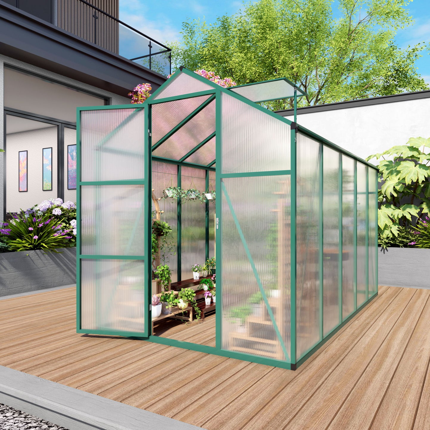 Polycarbonate Walk-In Greenhouse, Raised Base For Outdoor In All Season Daily Nest
