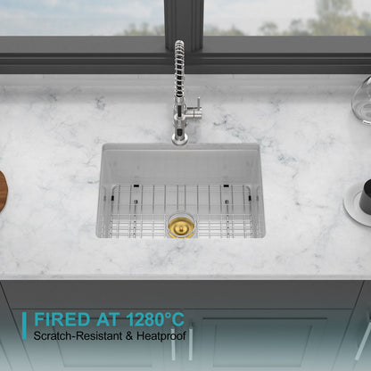 Rectangular Deep Single Bowl Kitchen Sink, Undermount Top Mount Porcela Stainless Steel Grid - White Daily Nest