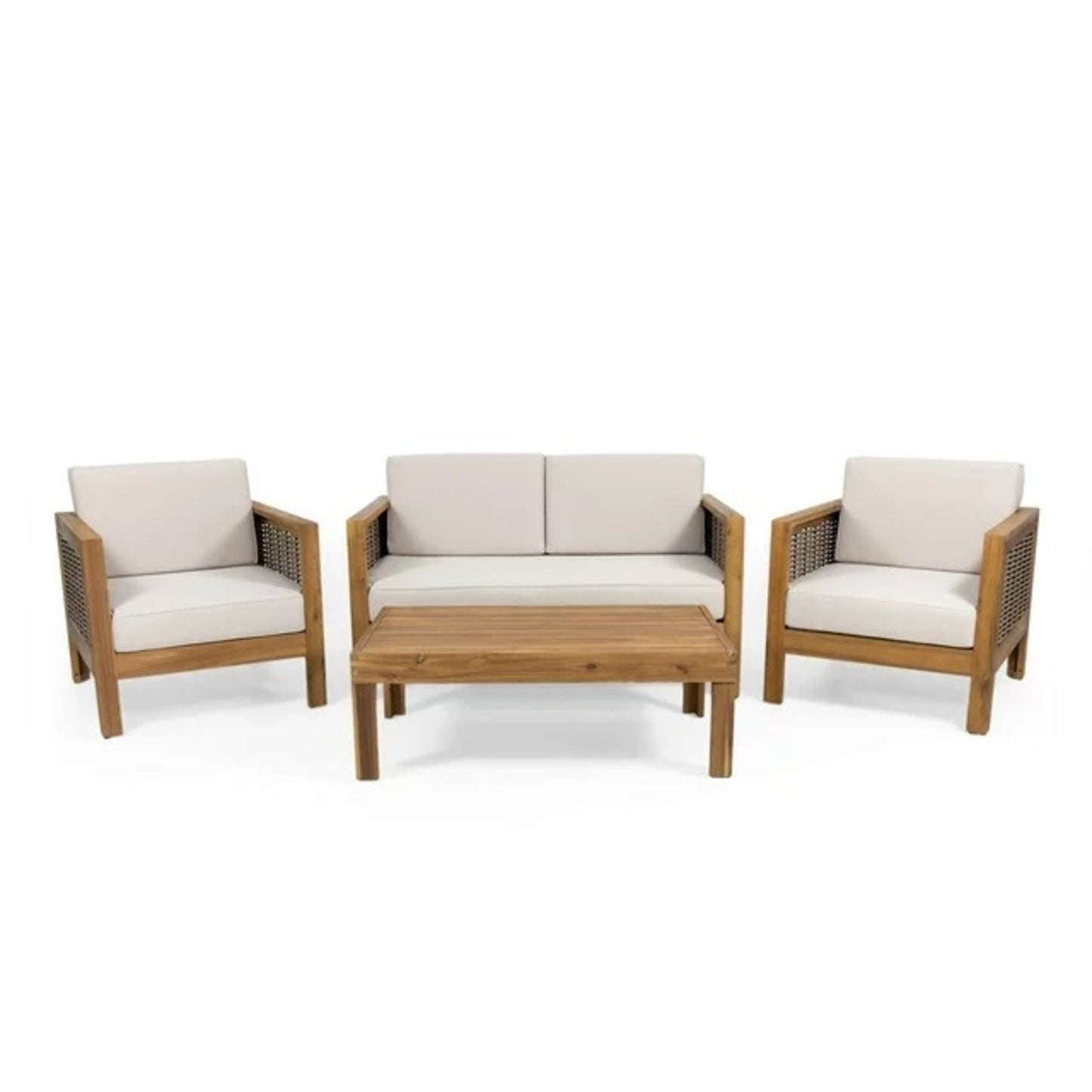 Outdoor 4 Seater Acacia Wood Chat Set With Wicker Accents And Cushions - Teak / Mixed Brown / Beige Noble House