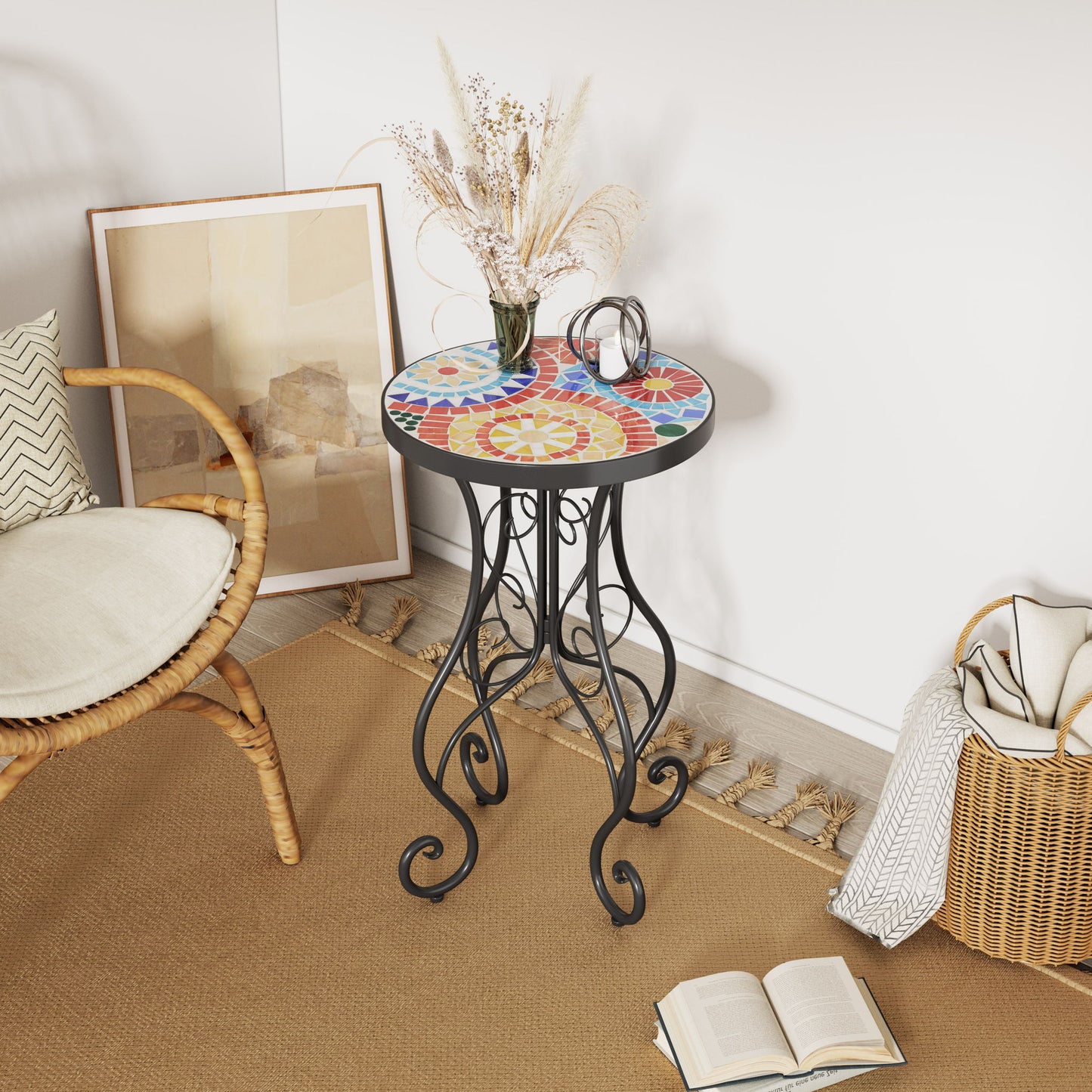 Colorful Outdoor Side Table With Ceramic Tile Top Noble House
