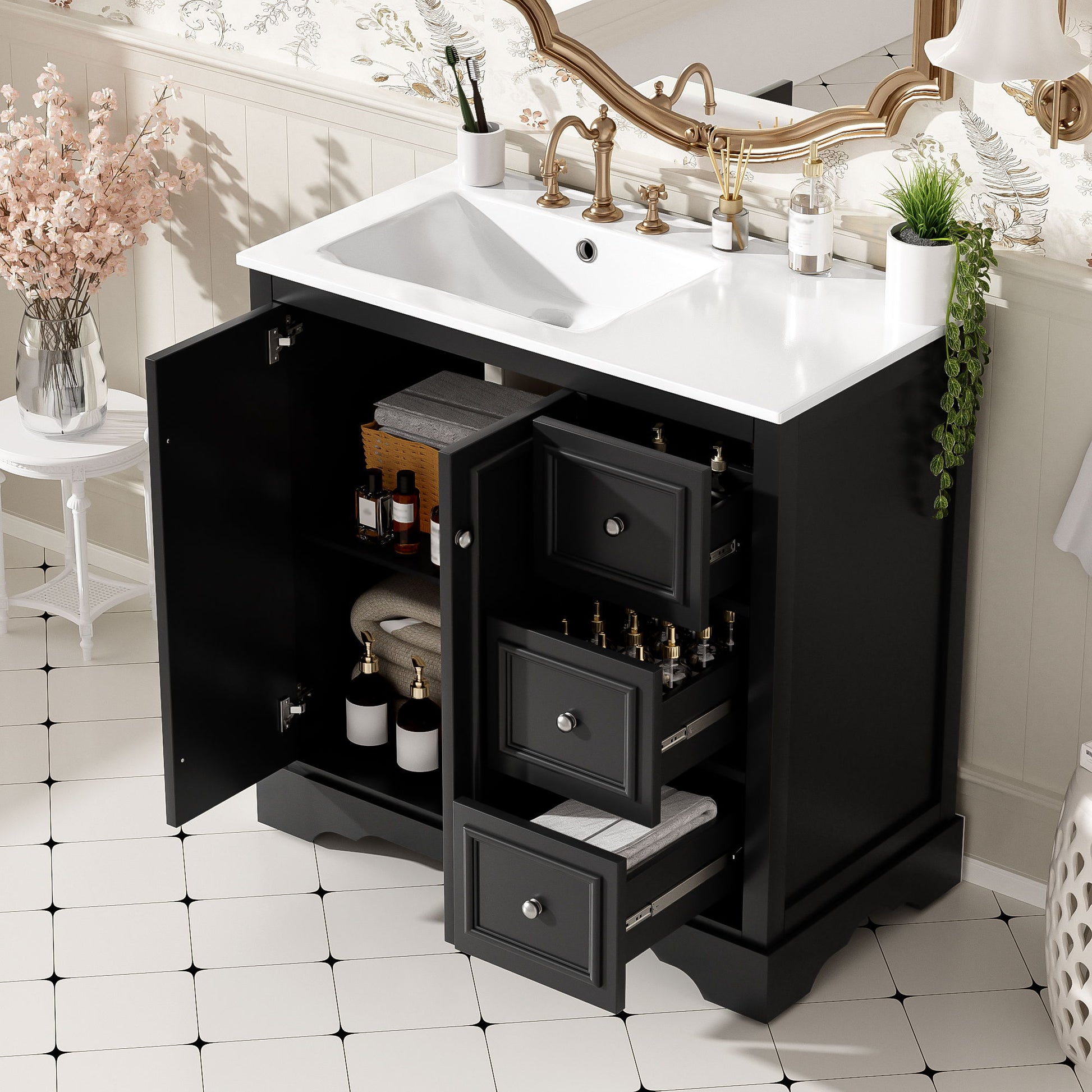 Bathroom Vanity With Sink, Soft-Close Doors, Adjustable U-Shelf, 3 Drawers Hearth and Haven